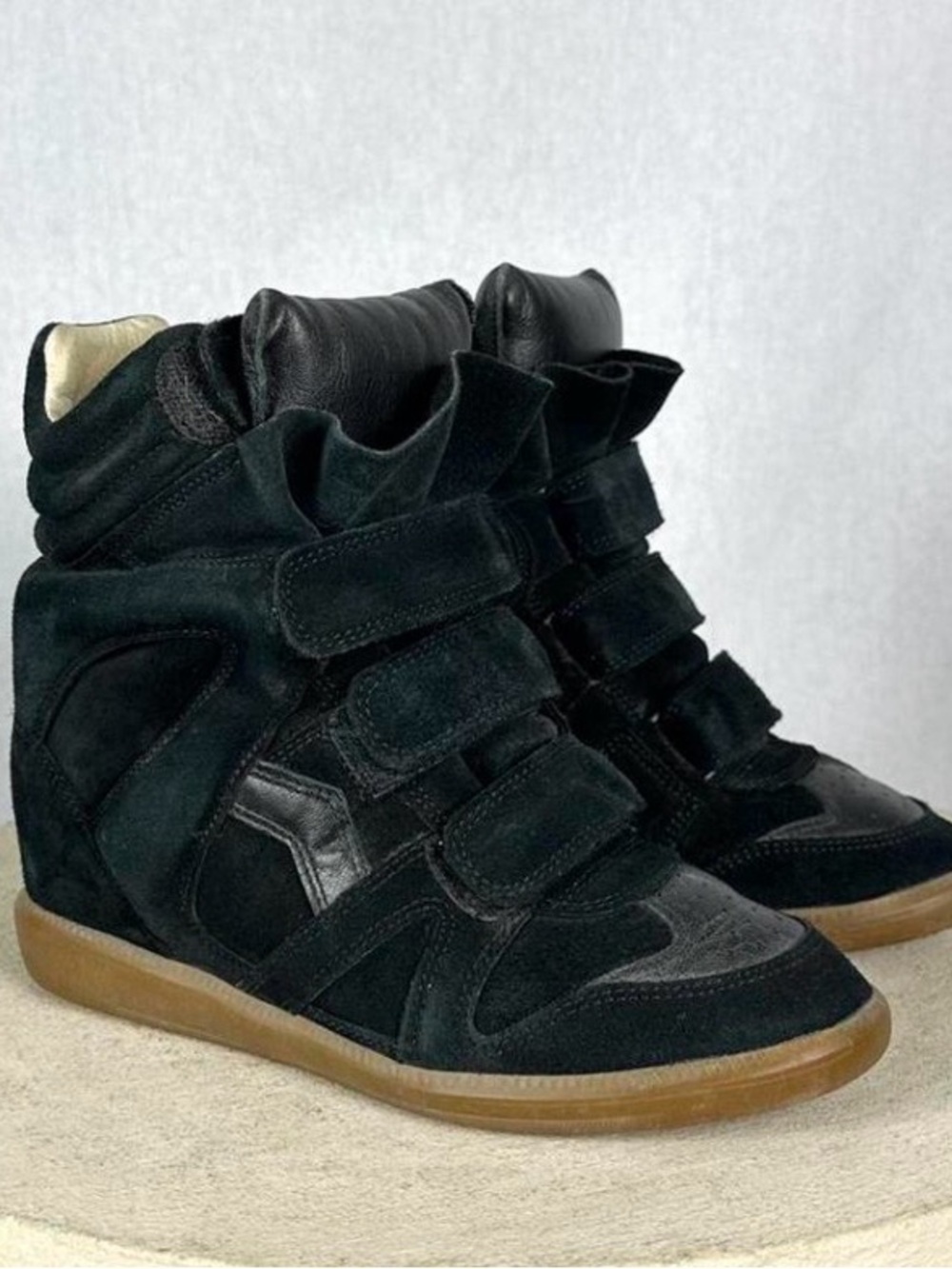 Isabel Marant Black Suede Hidden Wedge Velcro High-Top Sneakers with Gum Sole - Picture 4 of 6